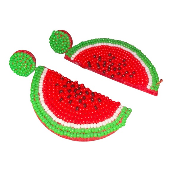 Beaded Watermelon Statement Earrings Red Green Seed Detail J23 - Picture 2 of 3